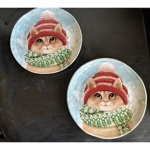 Kitty Cat Plate Pier 1 Imports Ironstone Winter Hat and Scarf Kitten Set 2 NEW